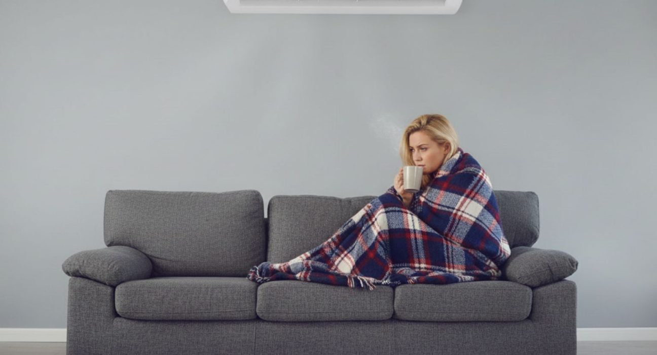 Женщина сидит н адиване в пледе и думает при какой температуре можно включать кондиционер на обогрев