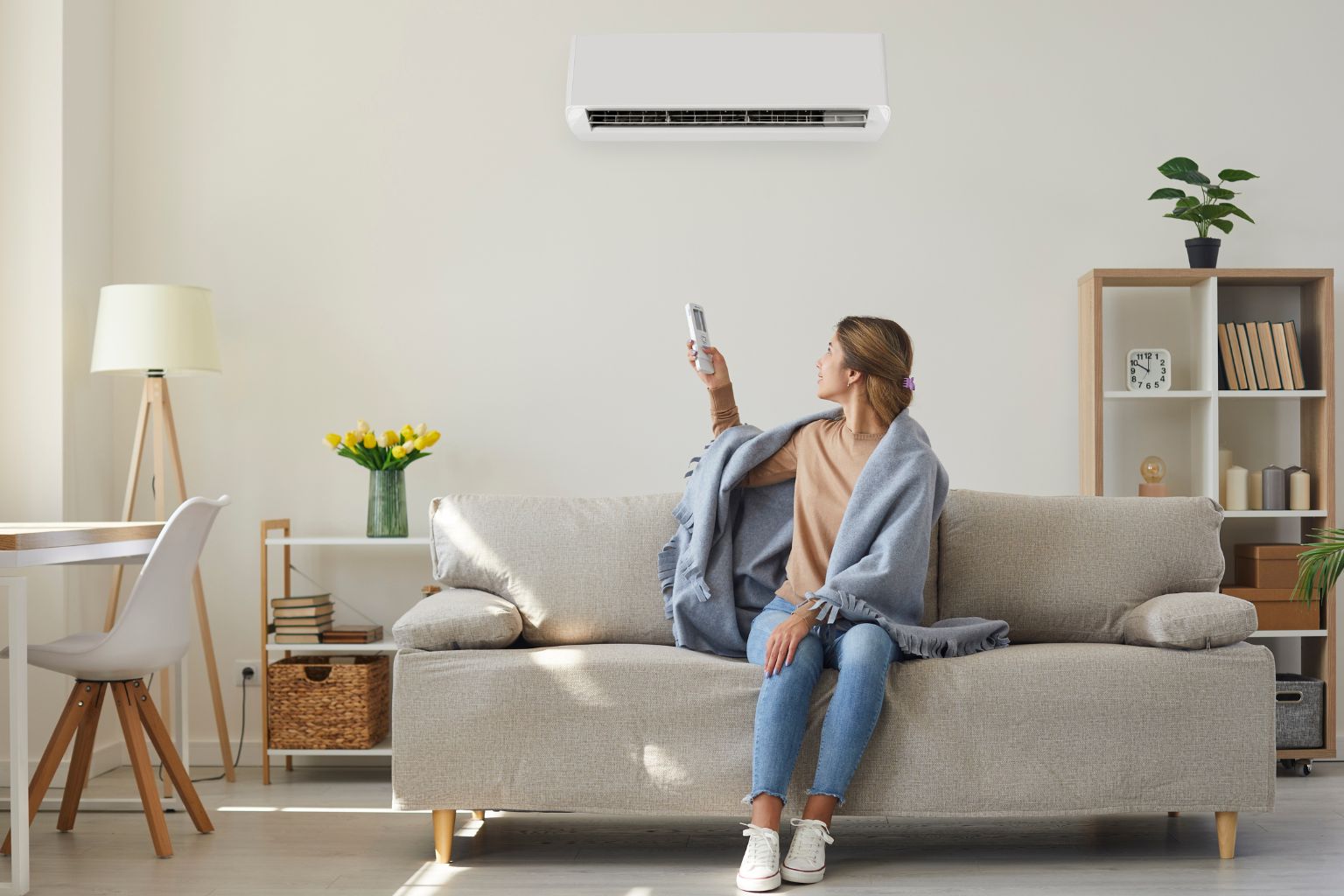женщина сидит на диване в квартире и включает кондиционер